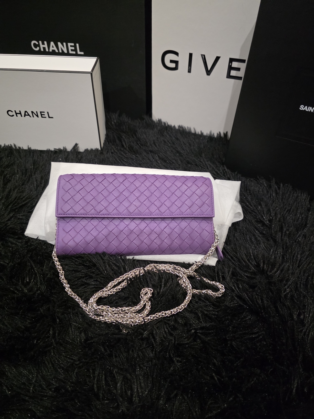 Authentic Bottega Purple Woven Leather Long Wallet